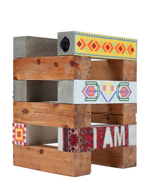Ramazan Can, The setter of nomad is a greengrocer, the one who builds a house from wood is timber man, 2022, Concrete, wood, mosaic, weaving, Photo by Ramazan Can